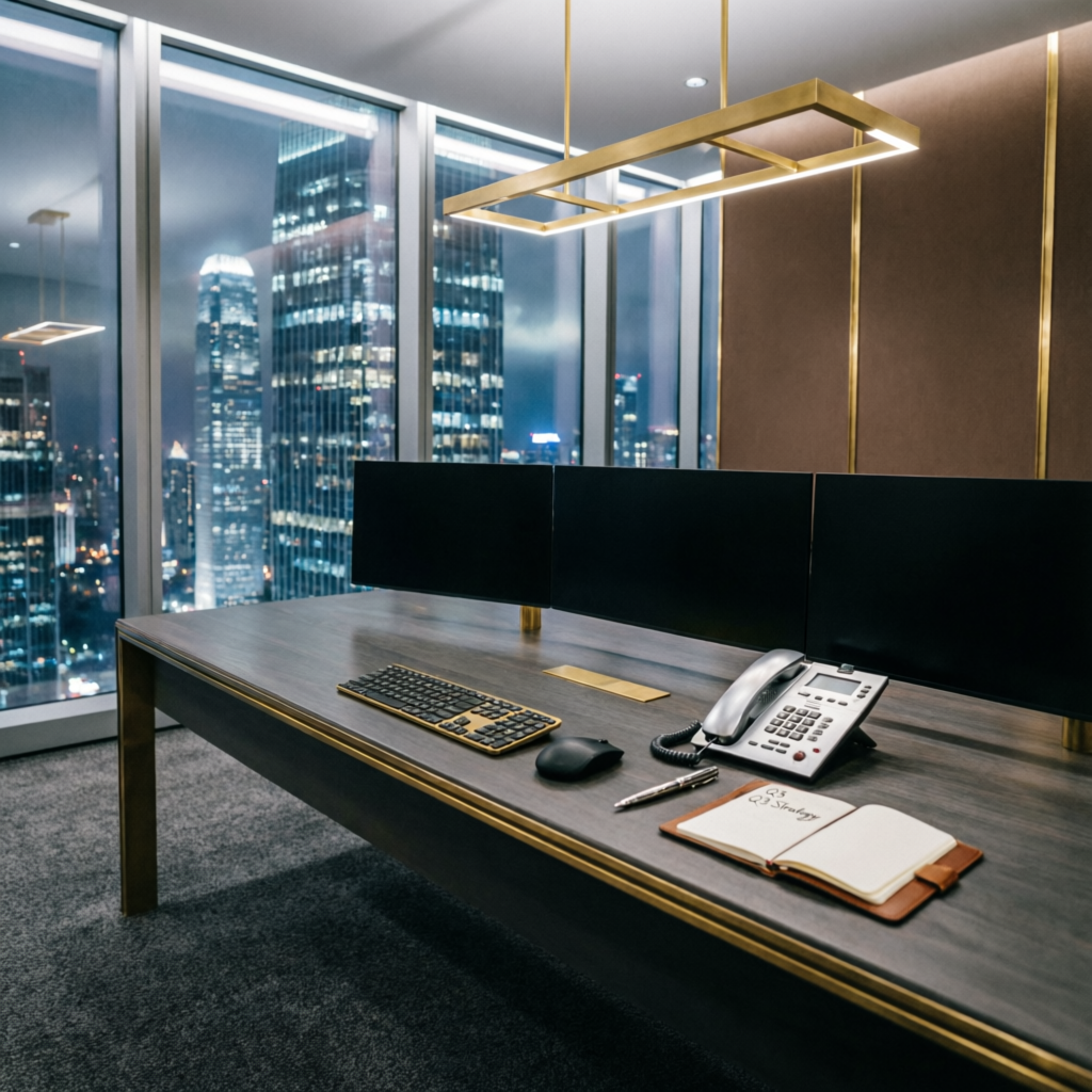 Luxury financial office with trading desk and city view