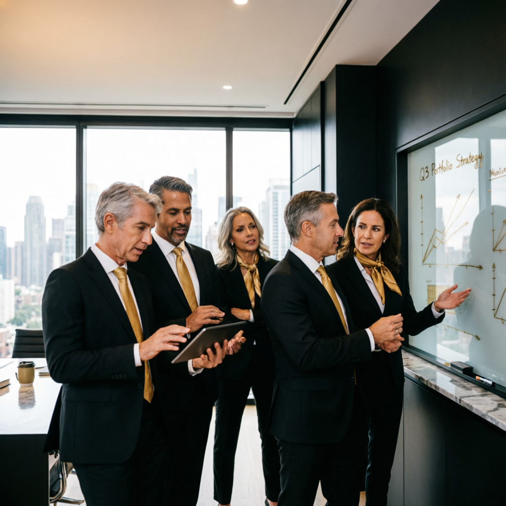 Professional trading team discussing strategy