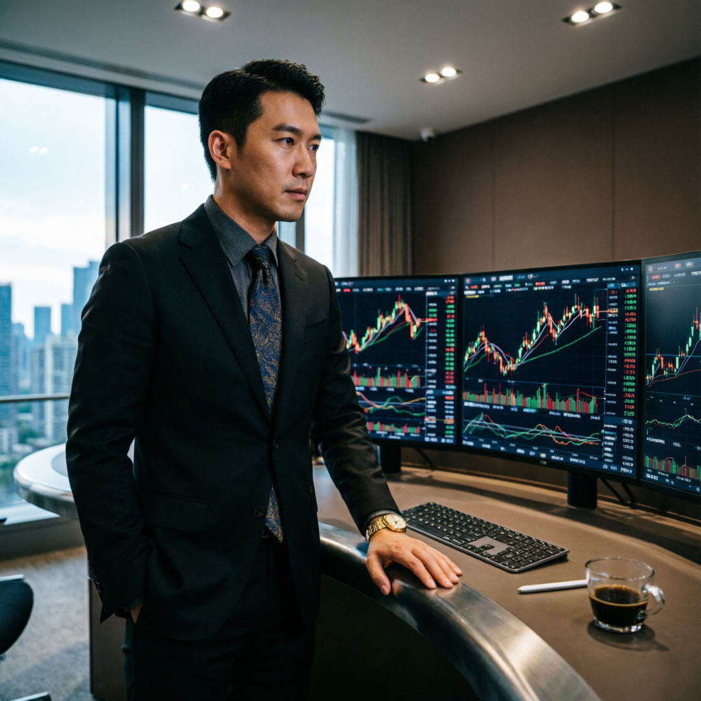 Professional forex trader analyzing trading charts at premium office