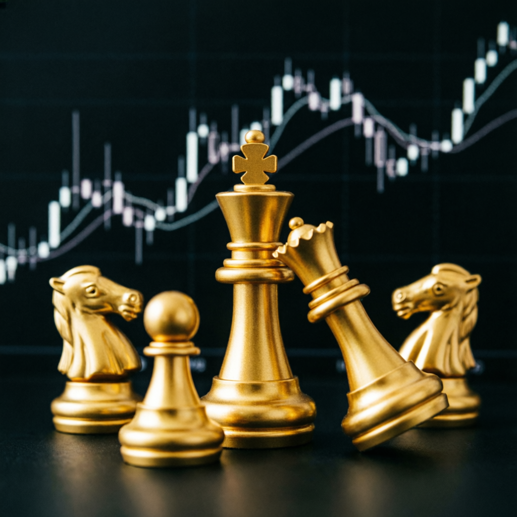 Gold chess pieces representing trading strategy