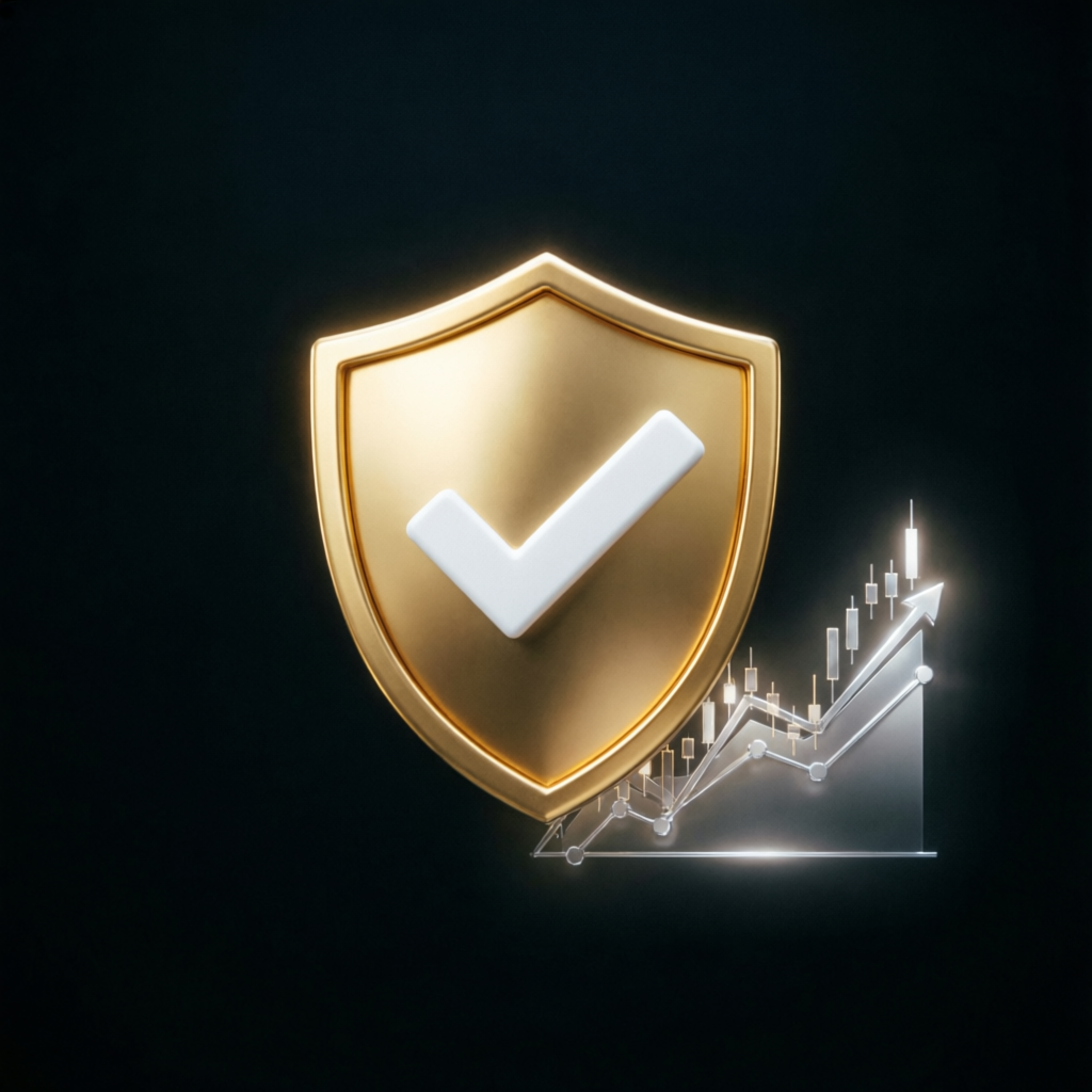 Gold shield with checkmark for trading security
