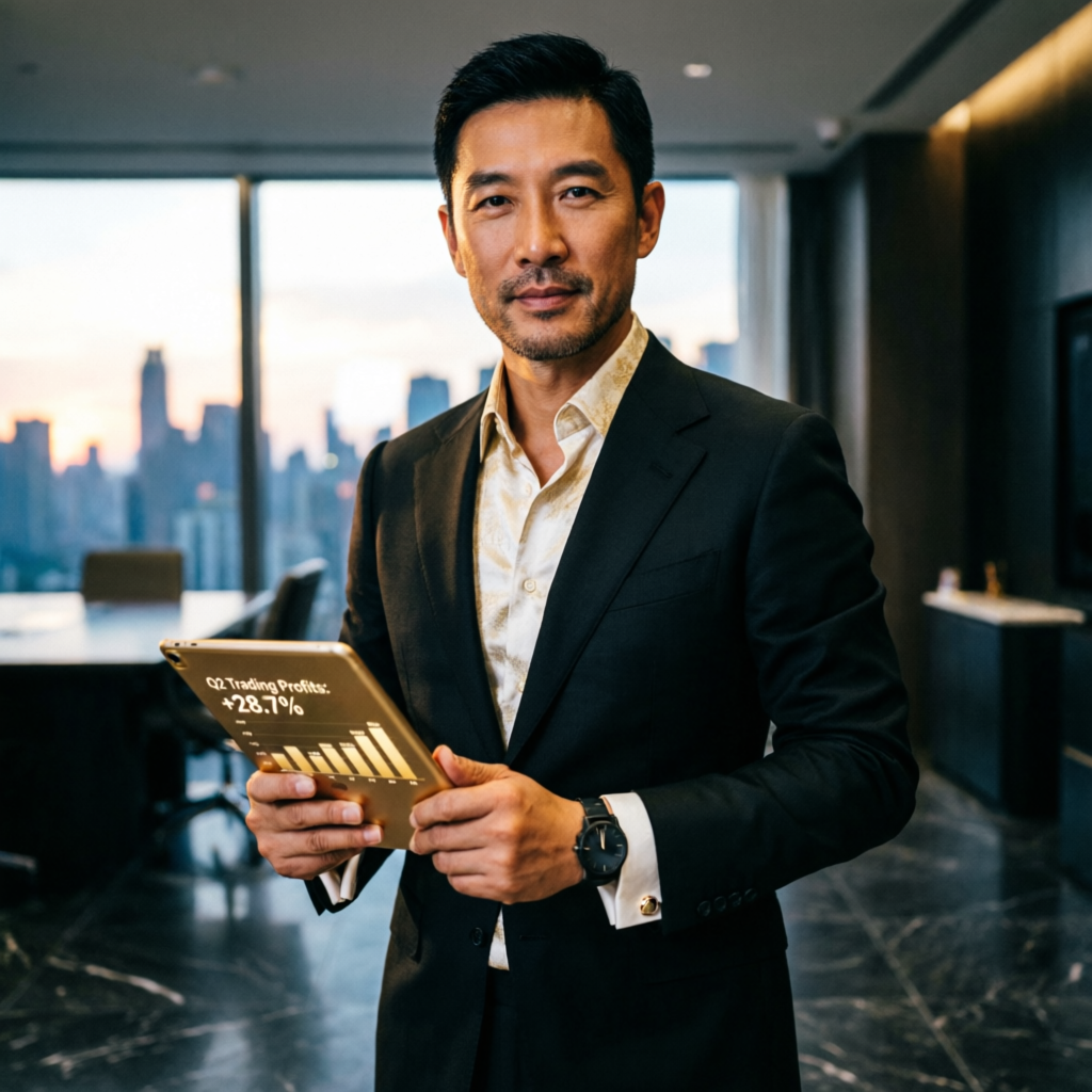 Professional trader with tablet showing trading profits