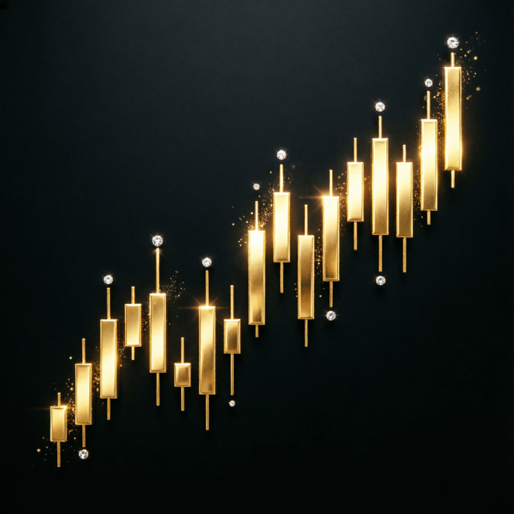 Gold trading candlesticks showing market volatility
