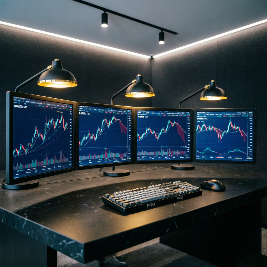 Modern trading desk with multiple monitors showing futures charts