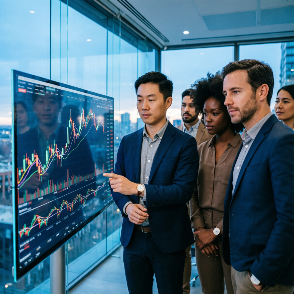 Professional trading team analyzing charts