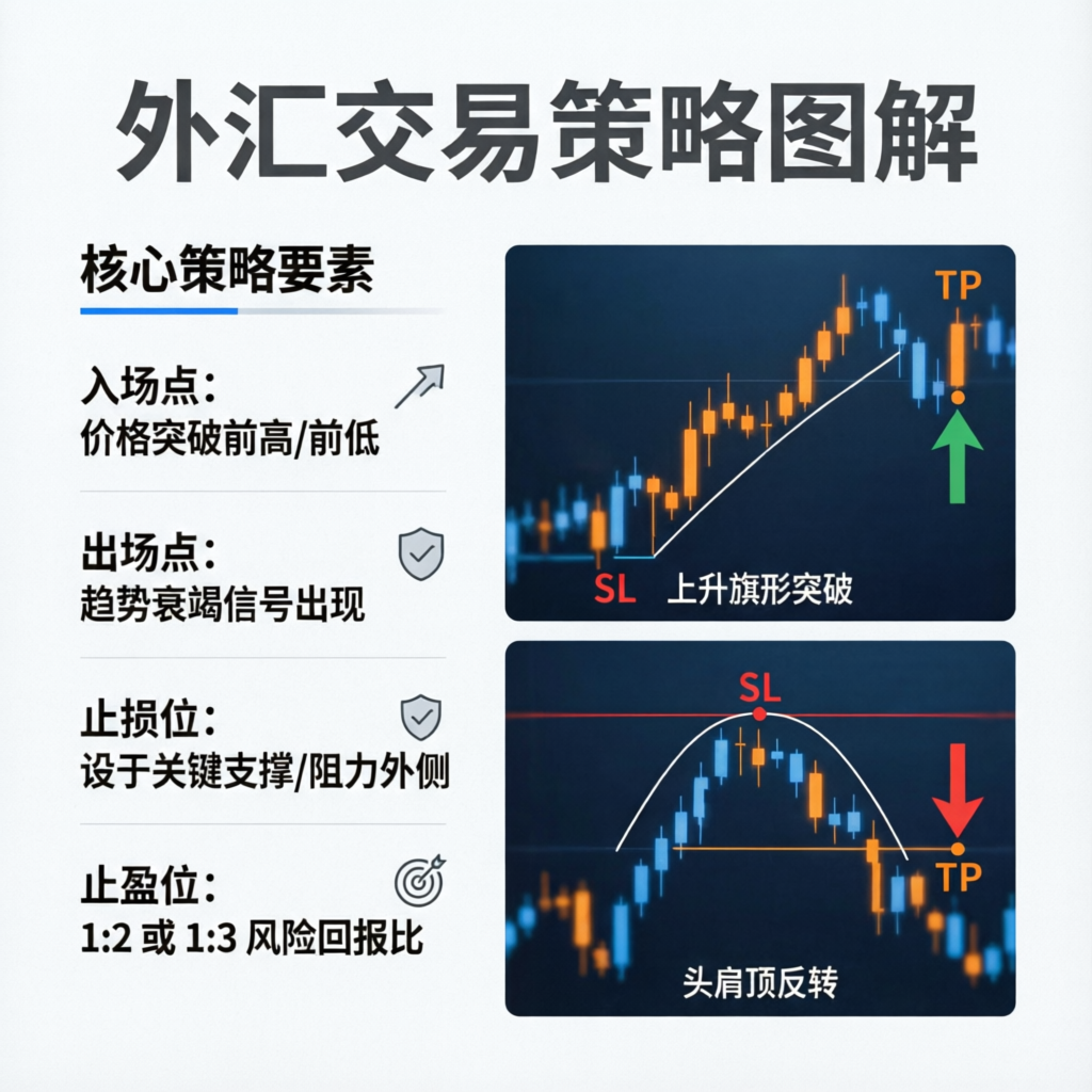 Forex trading strategy diagram showing entry points, stop loss, and take profit levels