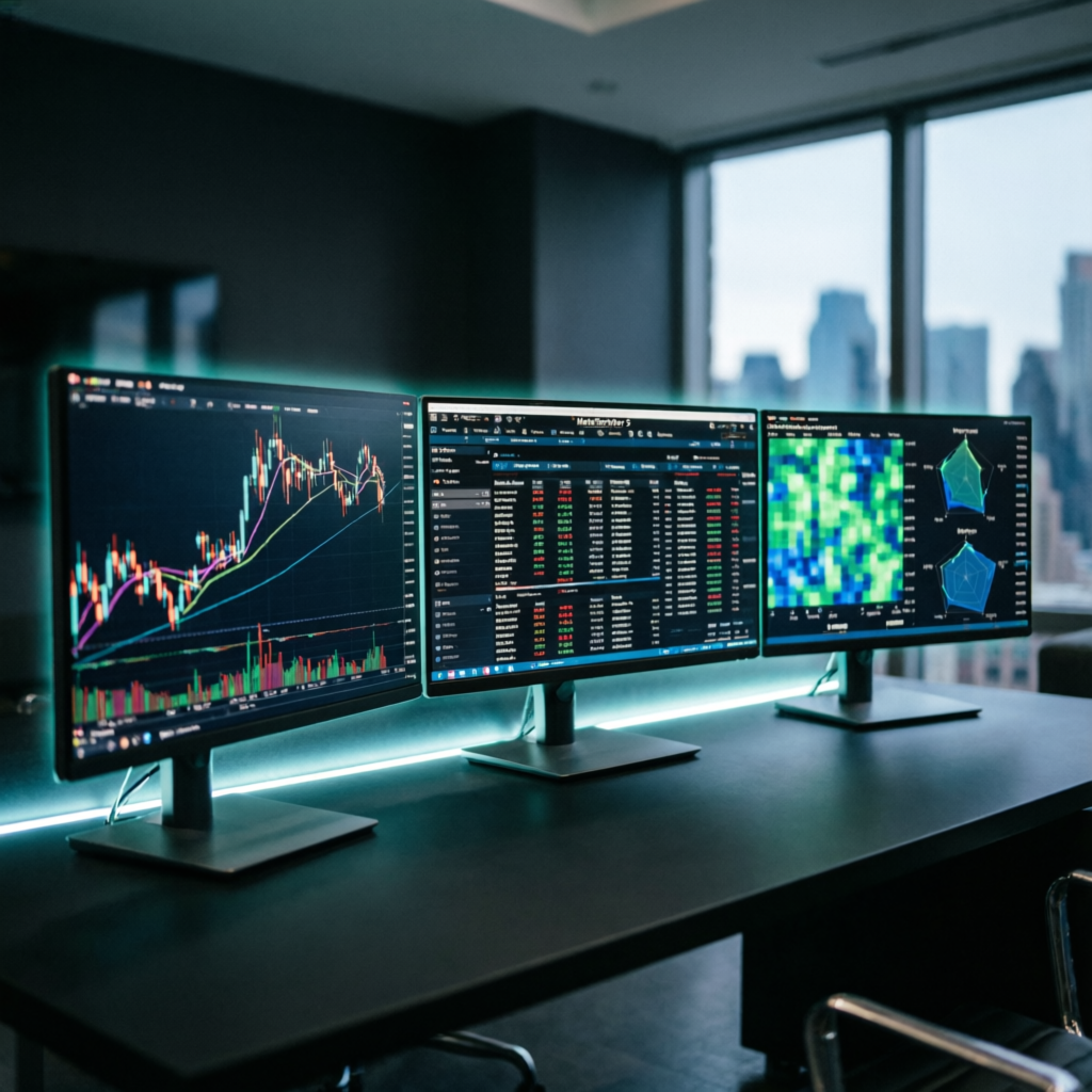 Professional trading desk with multiple monitors showing Apex Trader Funding charts and analysis