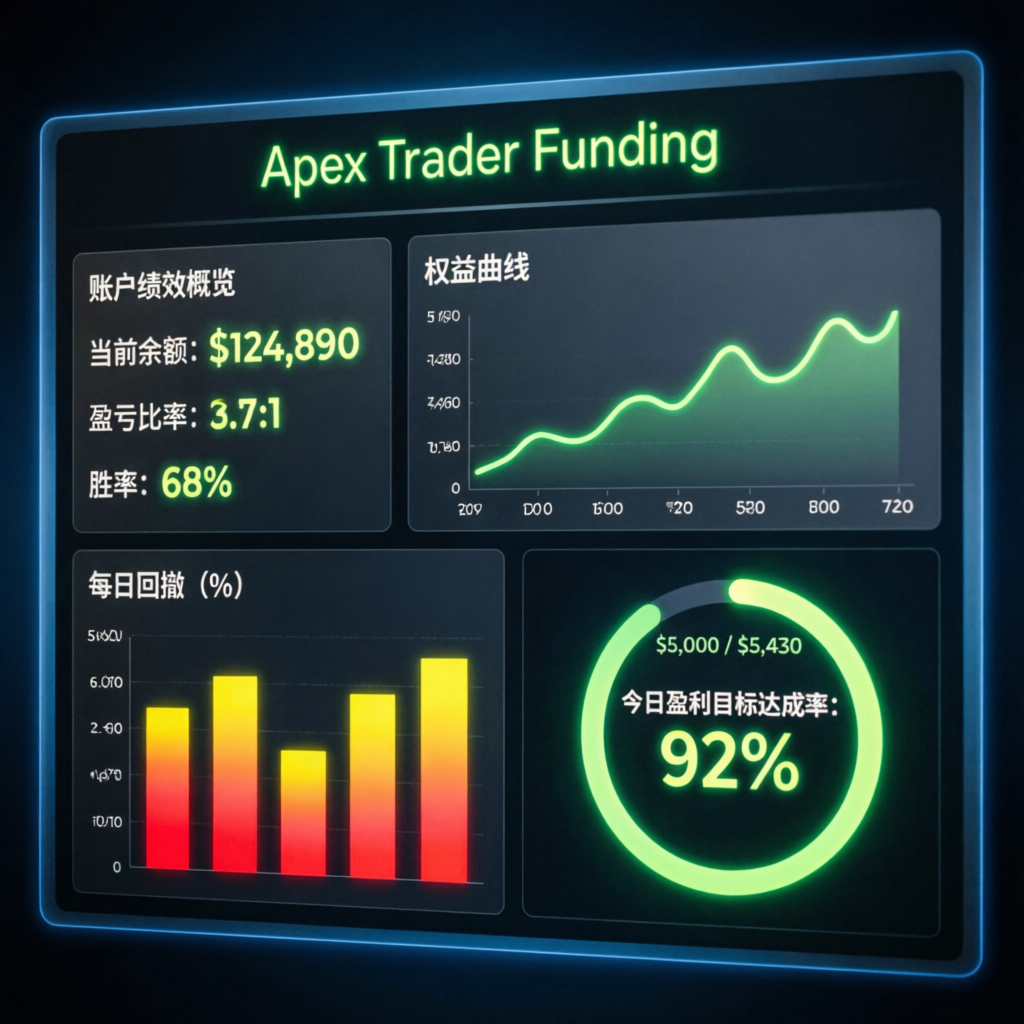 Apex Trader Funding dashboard showing account performance metrics and equity curve