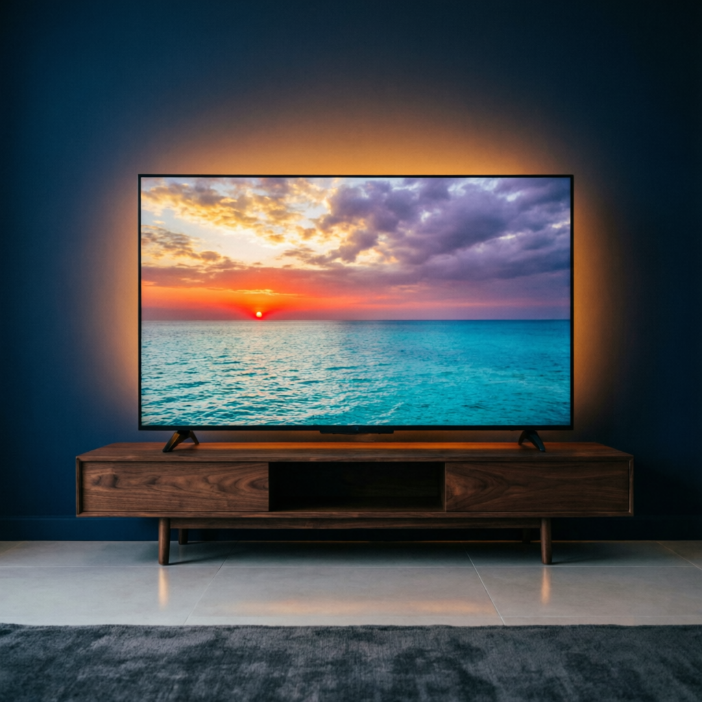 TV de 50 polegadas em sala de estar com imagem 4K vibrante