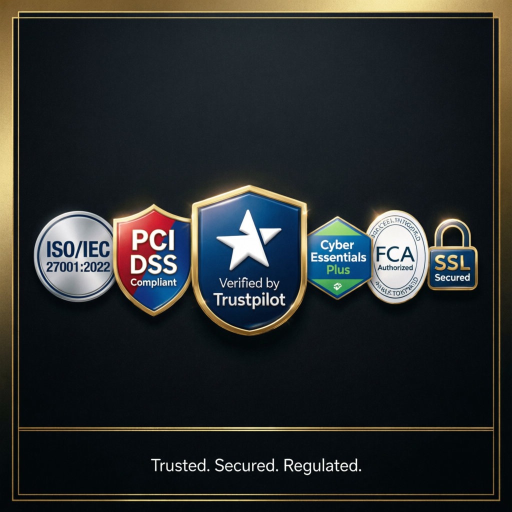 Trust and verification badges for PFM Capitals prop firm passing service showing ISO, security, and professional accreditation