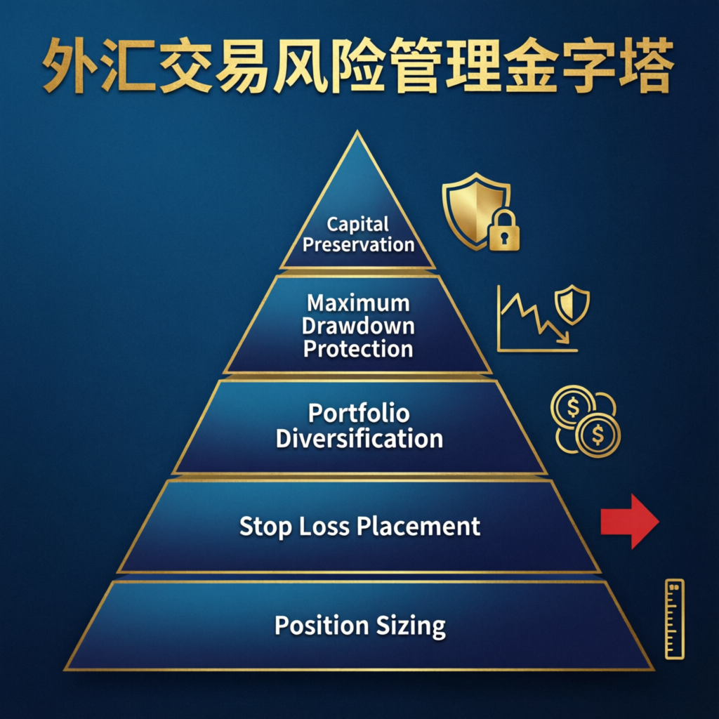 Forex trading risk management pyramid showing position sizing, stop loss placement, portfolio diversification, maximum drawdown protection, and capital preservation
