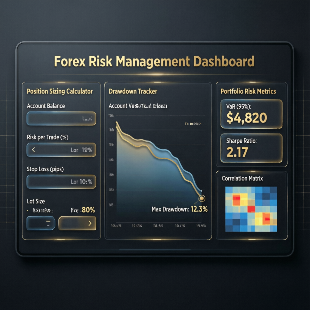 Forex risk management dashboard showing position sizing calculator, drawdown tracker, and portfolio risk metrics for funded account management