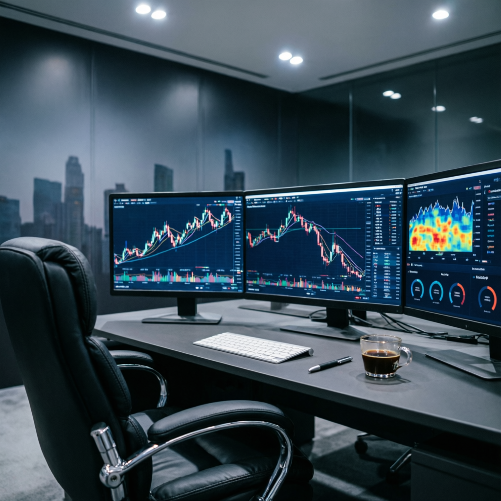 Professional forex trading desk with multiple monitors showing advanced charts for prop firm passing and funded account management