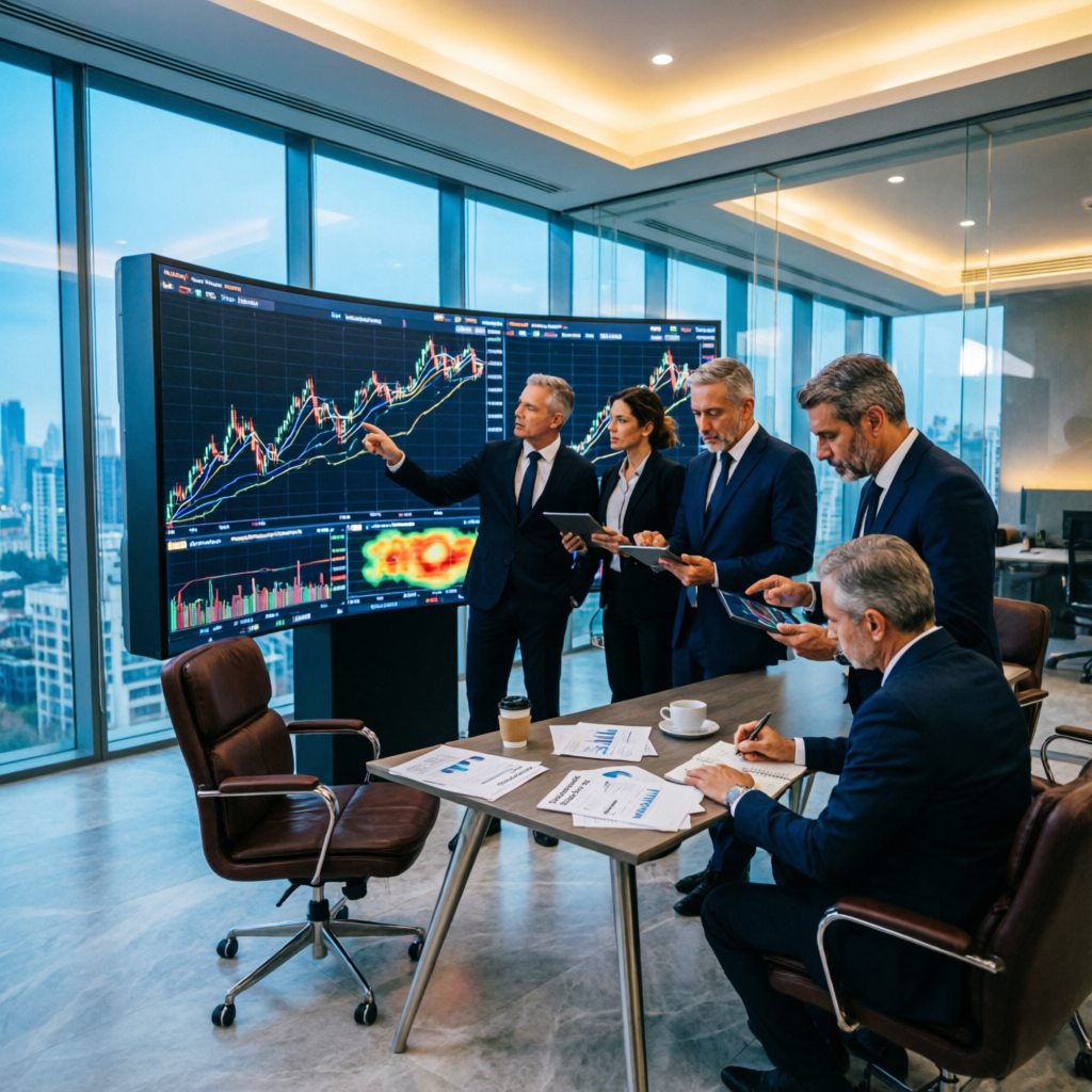 Professional team of expert forex analysts reviewing trading performance charts in modern financial office for funded account management