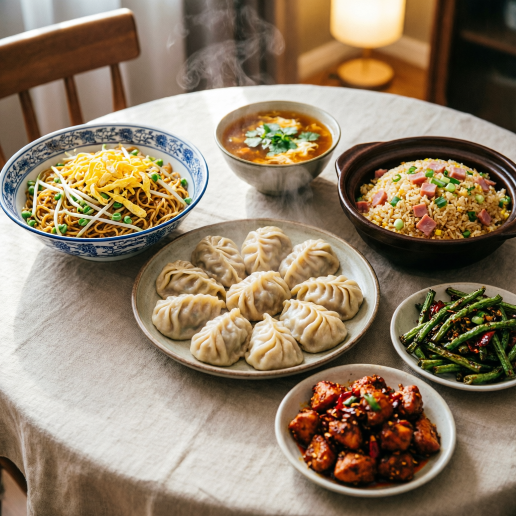 Food spread momos noodles rice Prayagraj