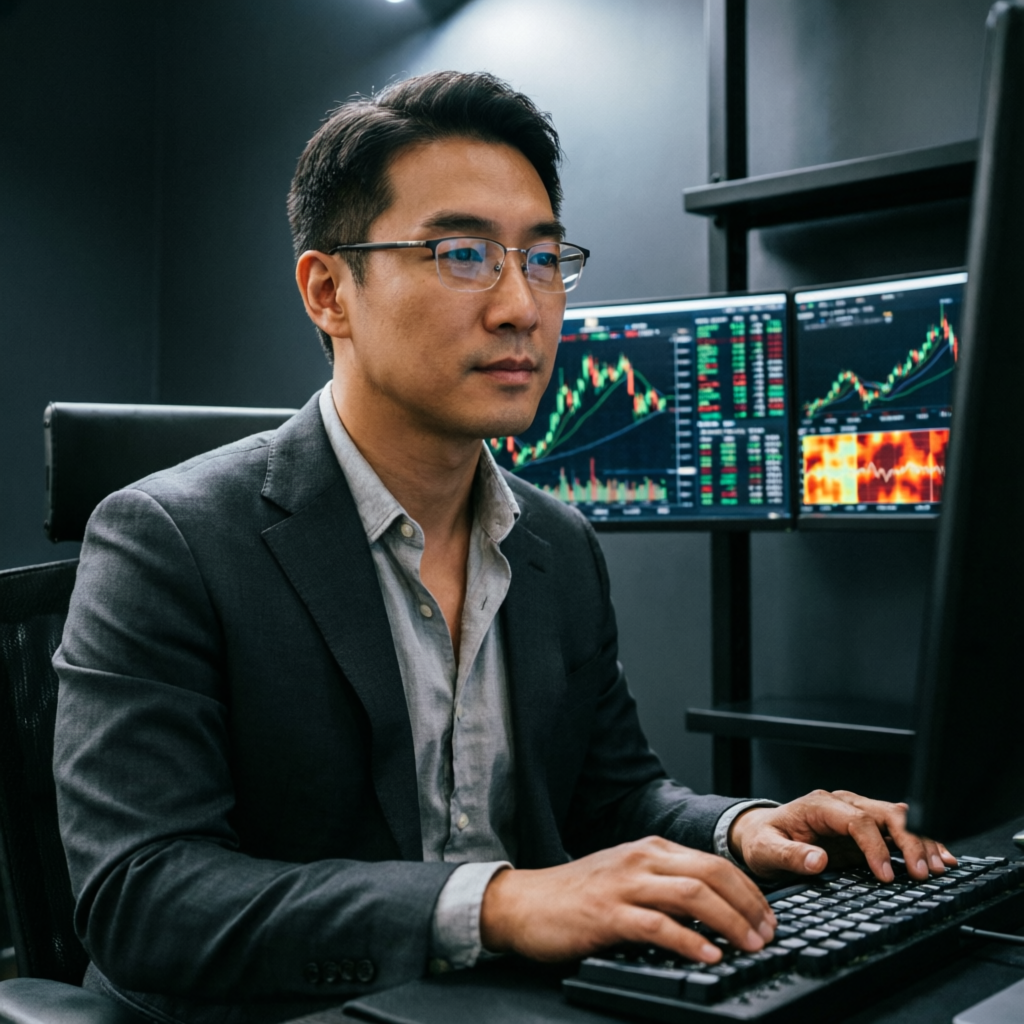 Professional trader maintaining calm focus and emotional control while trading
