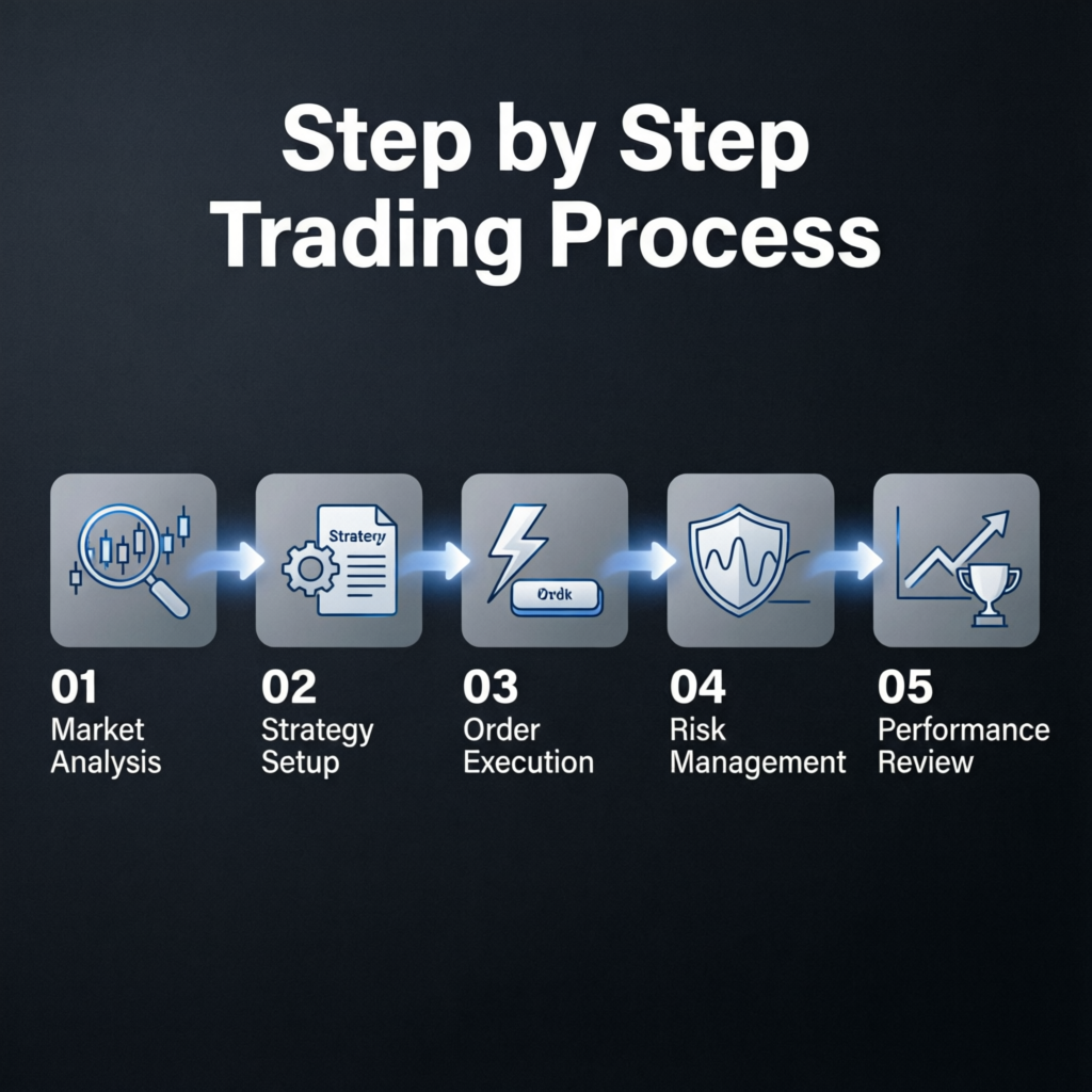 Step by step trading process flowchart showing market analysis to performance review