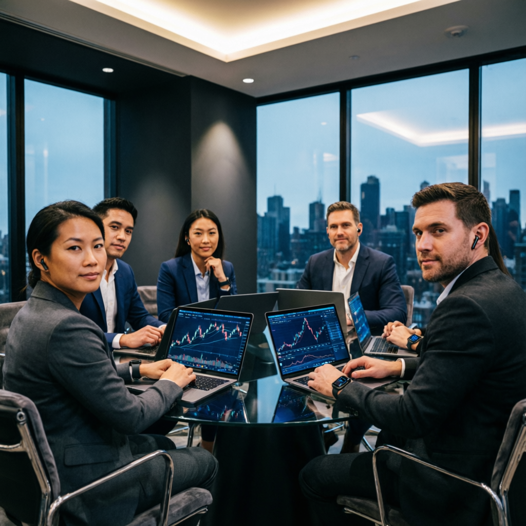 Professional financial analysts team working on trading strategies at PFM Capitals