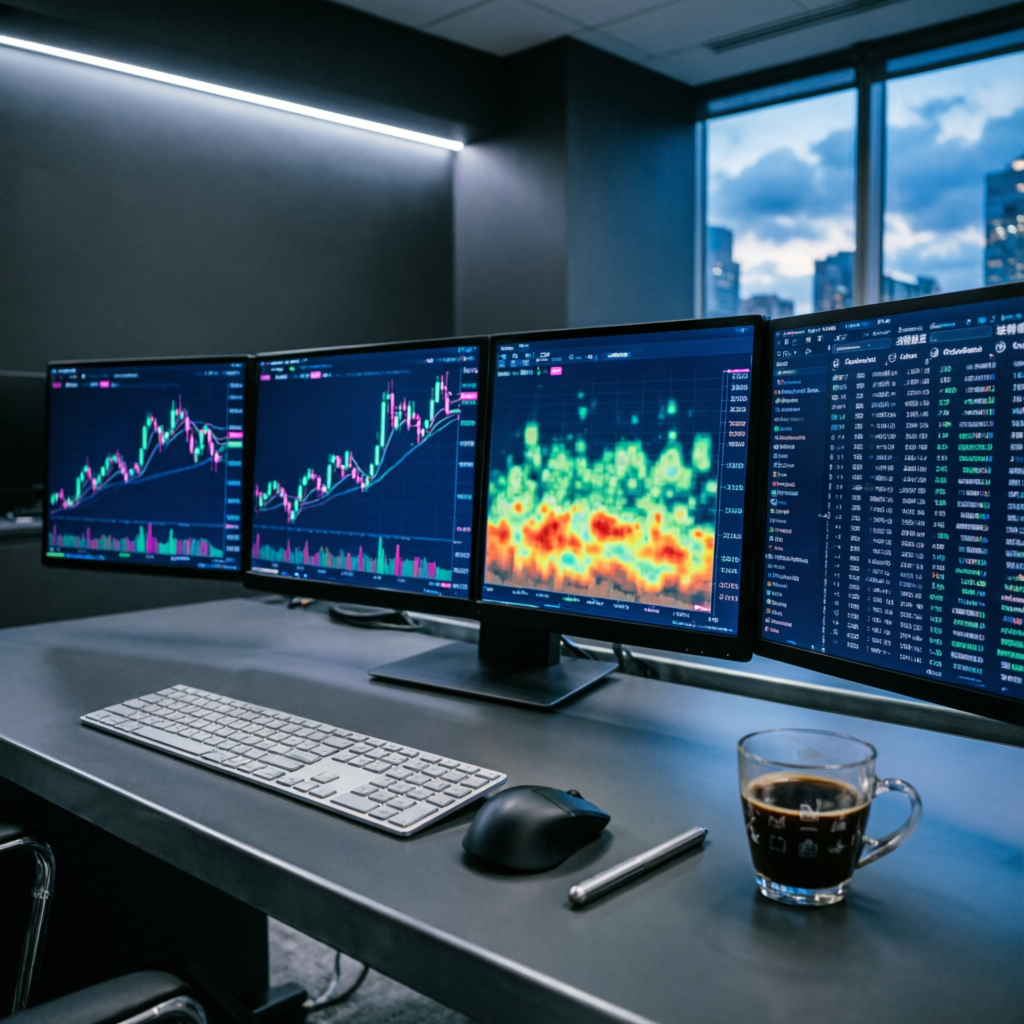 Professional trading desk with multiple monitors showing forex charts