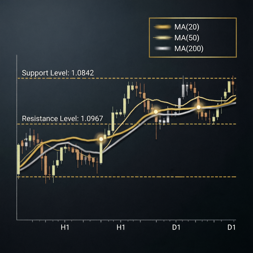 Forex trading strategy chart with support resistance levels and moving averages