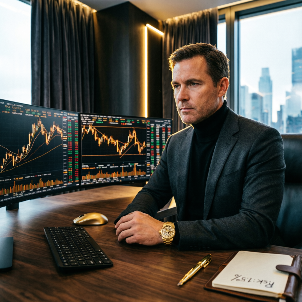 Professional forex trader analyzing Topstep futures trading charts in luxury office