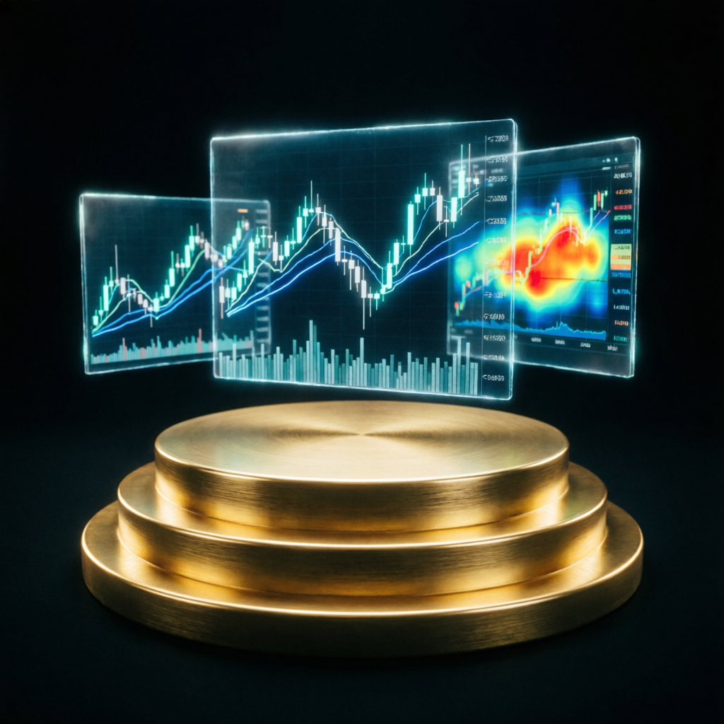 Trading combine competition concept with golden podium and charts