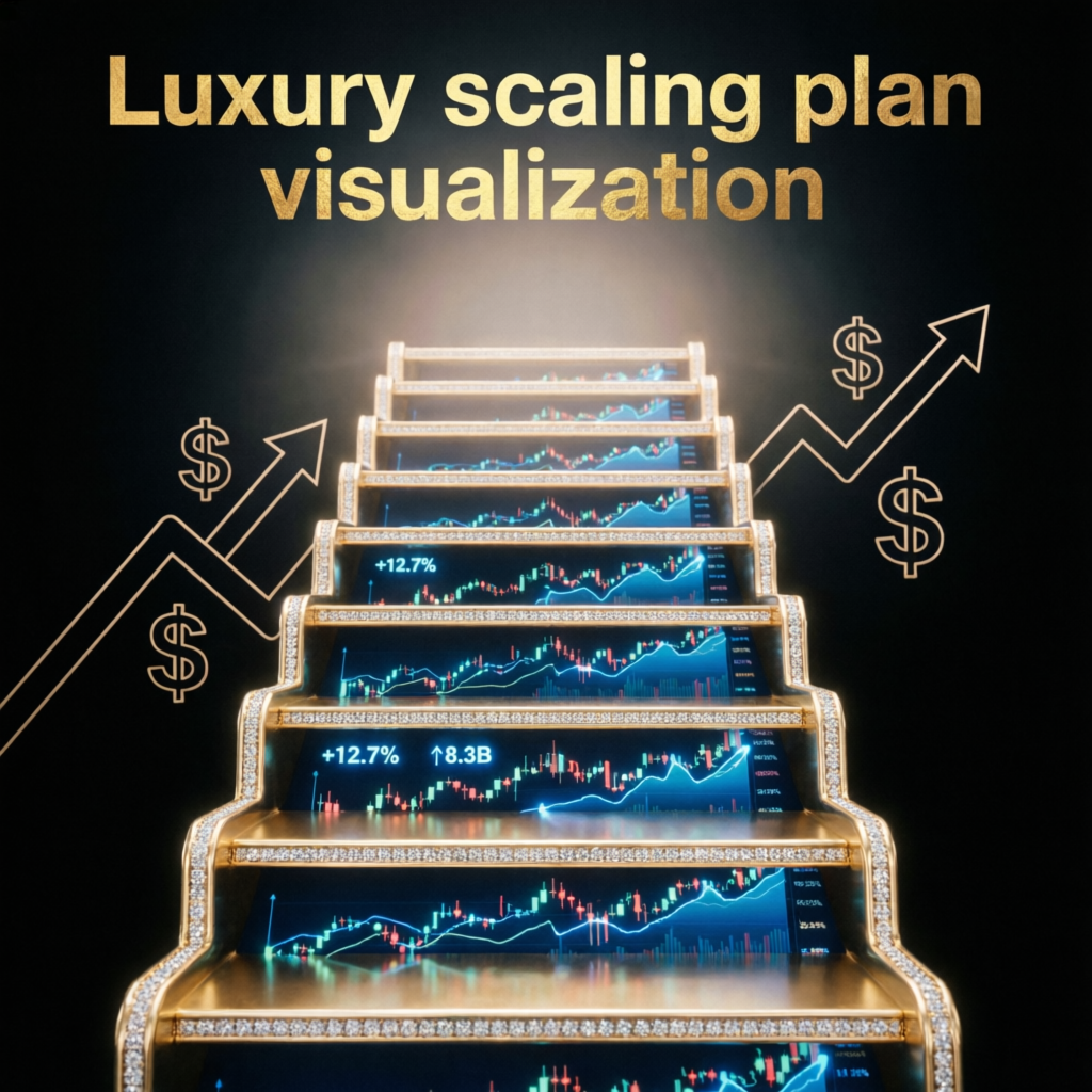 Luxury scaling plan visualization with golden staircase and trading charts