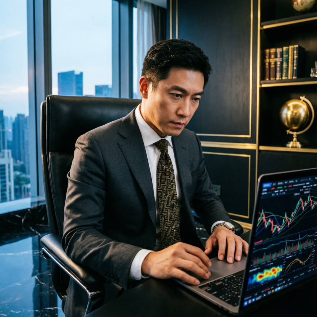 Professional trader analyzing charts on laptop in luxury office