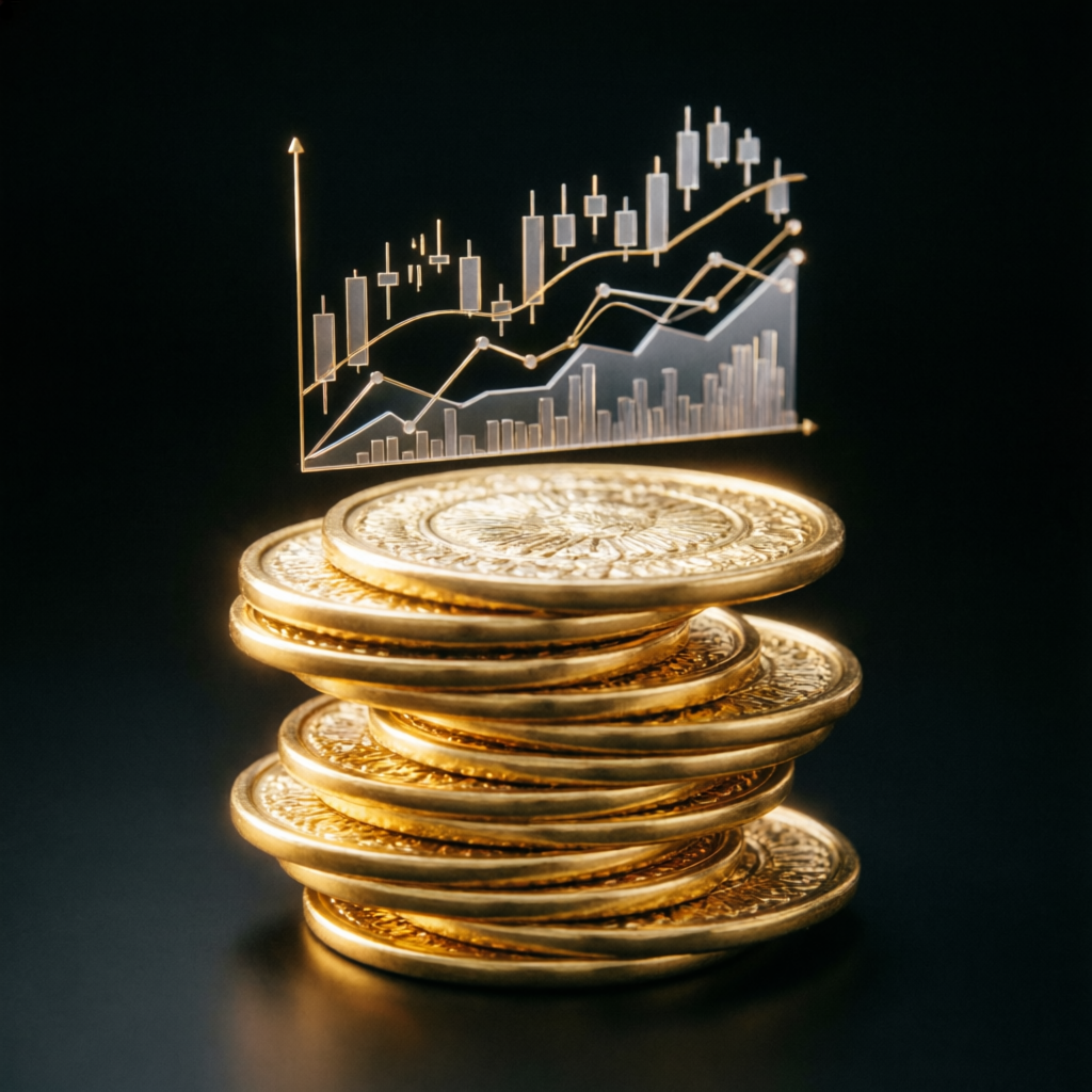 Golden coins stacked with trading charts representing funded account profits