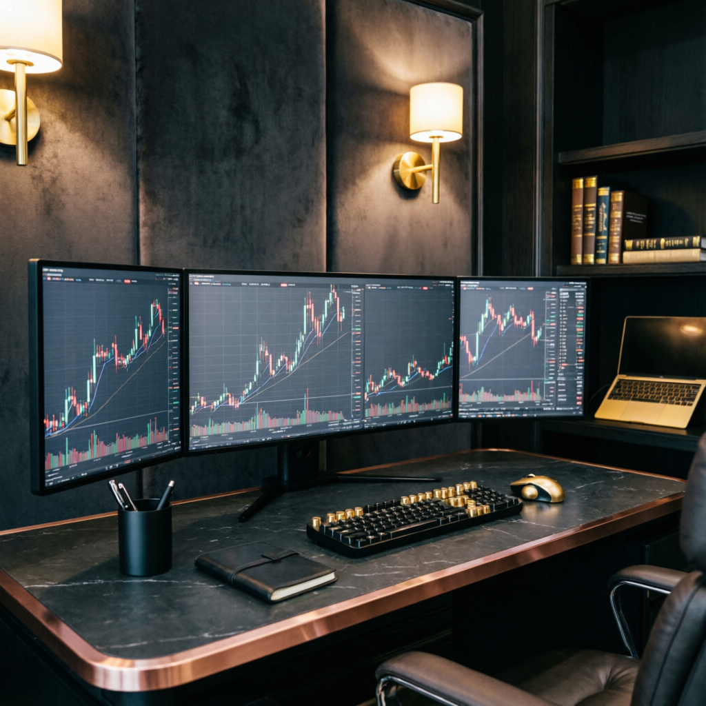 Professional forex trading workstation with multiple monitors showing charts