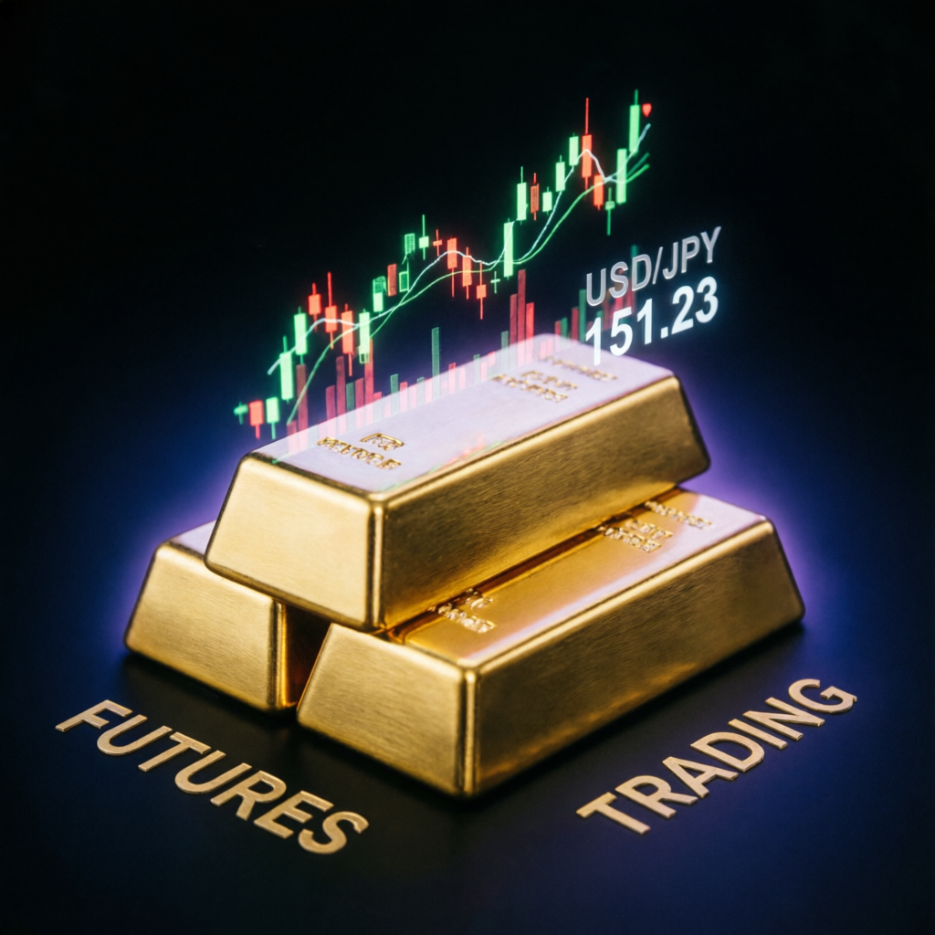 Futures trading concept with golden bars and financial charts