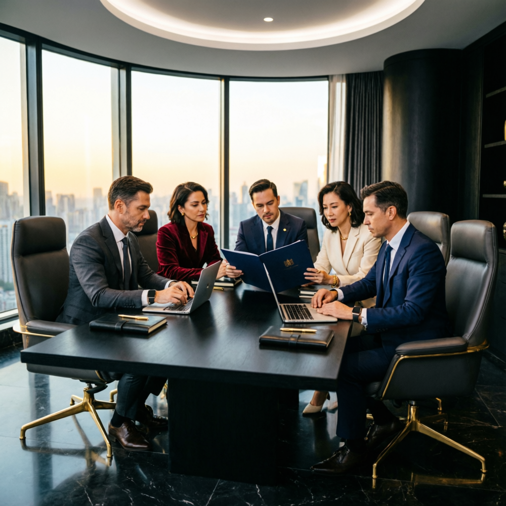 Professional trading team consultation in luxury office