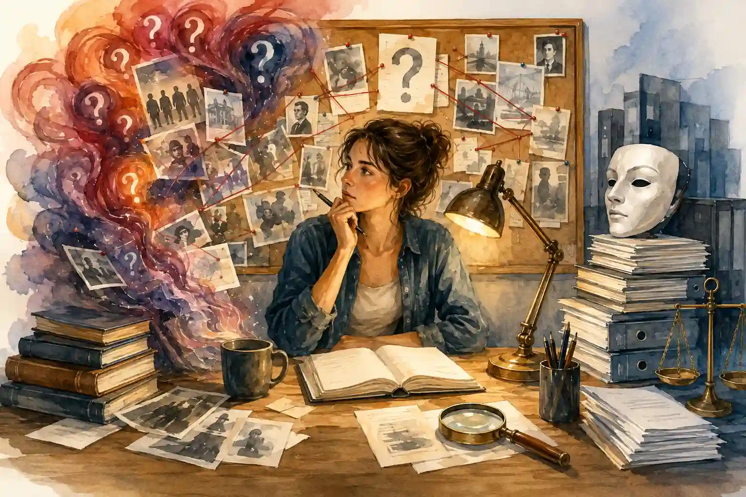 Ilustración: investigadora frente a un tablero de conexiones y una máscara blanca