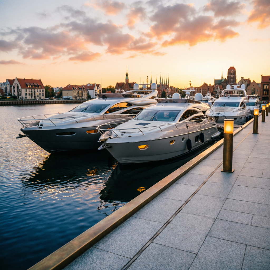 Gdansk marina with luxury yachts at sunset