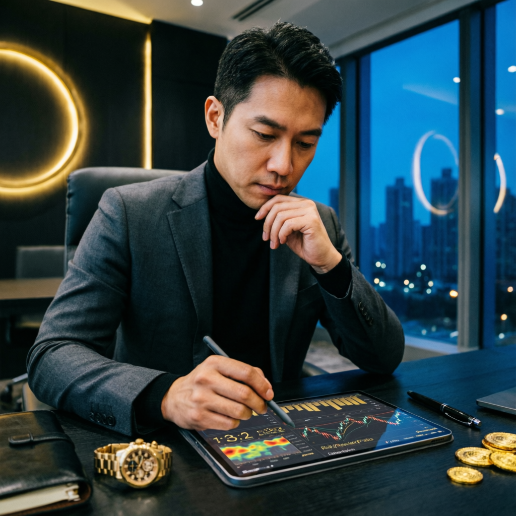 Professional forex trader analyzing risk management on a tablet in a modern trading office