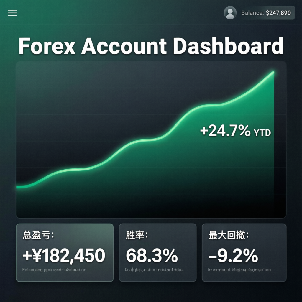 Forex Account Dashboard showing portfolio growth with +24.7% YTD performance, win rate 68.3%, and max drawdown -9.2%