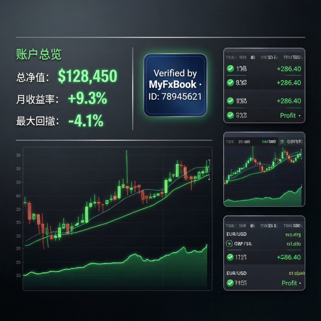 MyFxBook verified trading results showing account overview with $128,450 net value, +9.3% monthly return, and -4.1% max drawdown