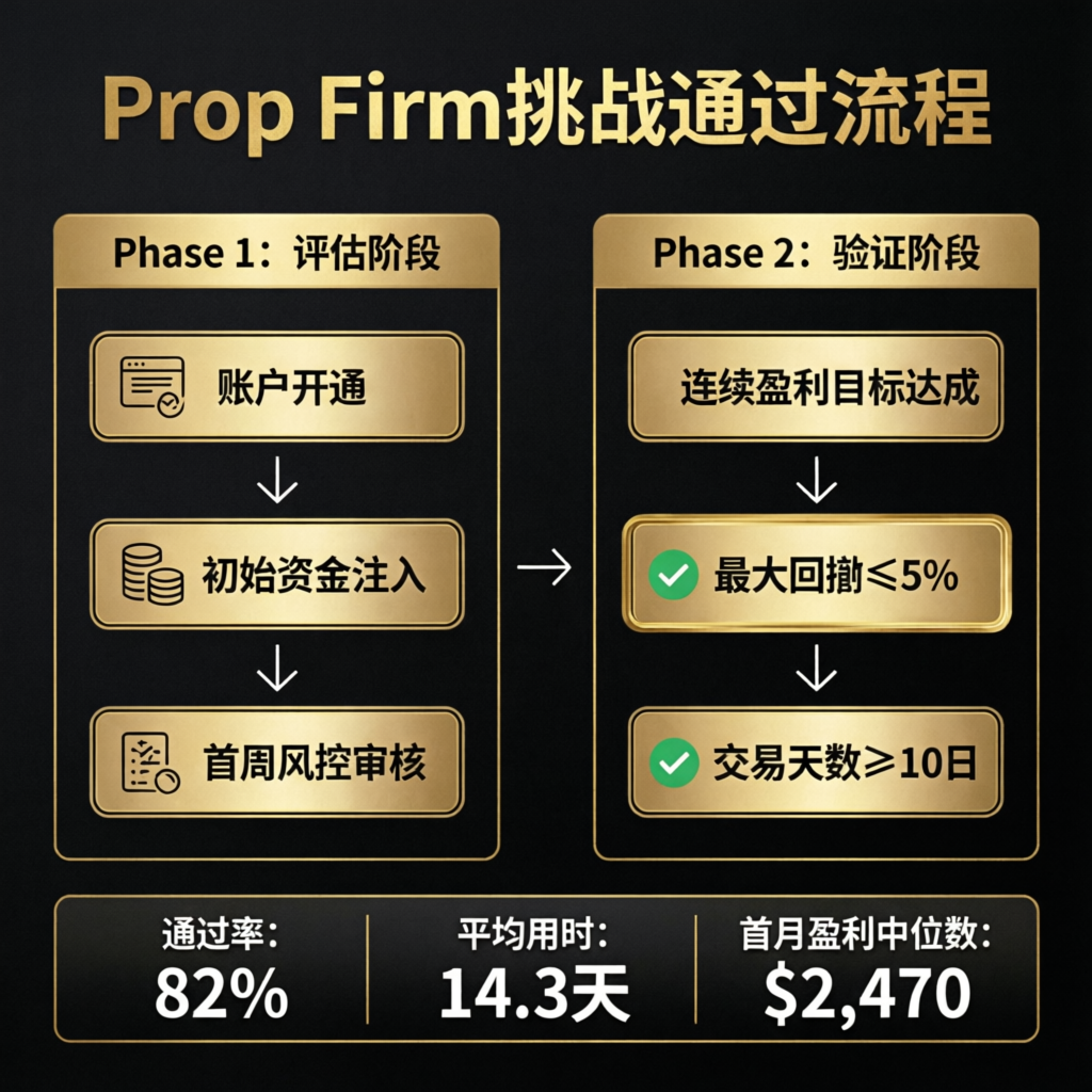 Prop Firm Challenge Passing Process showing Phase 1 evaluation and Phase 2 verification steps