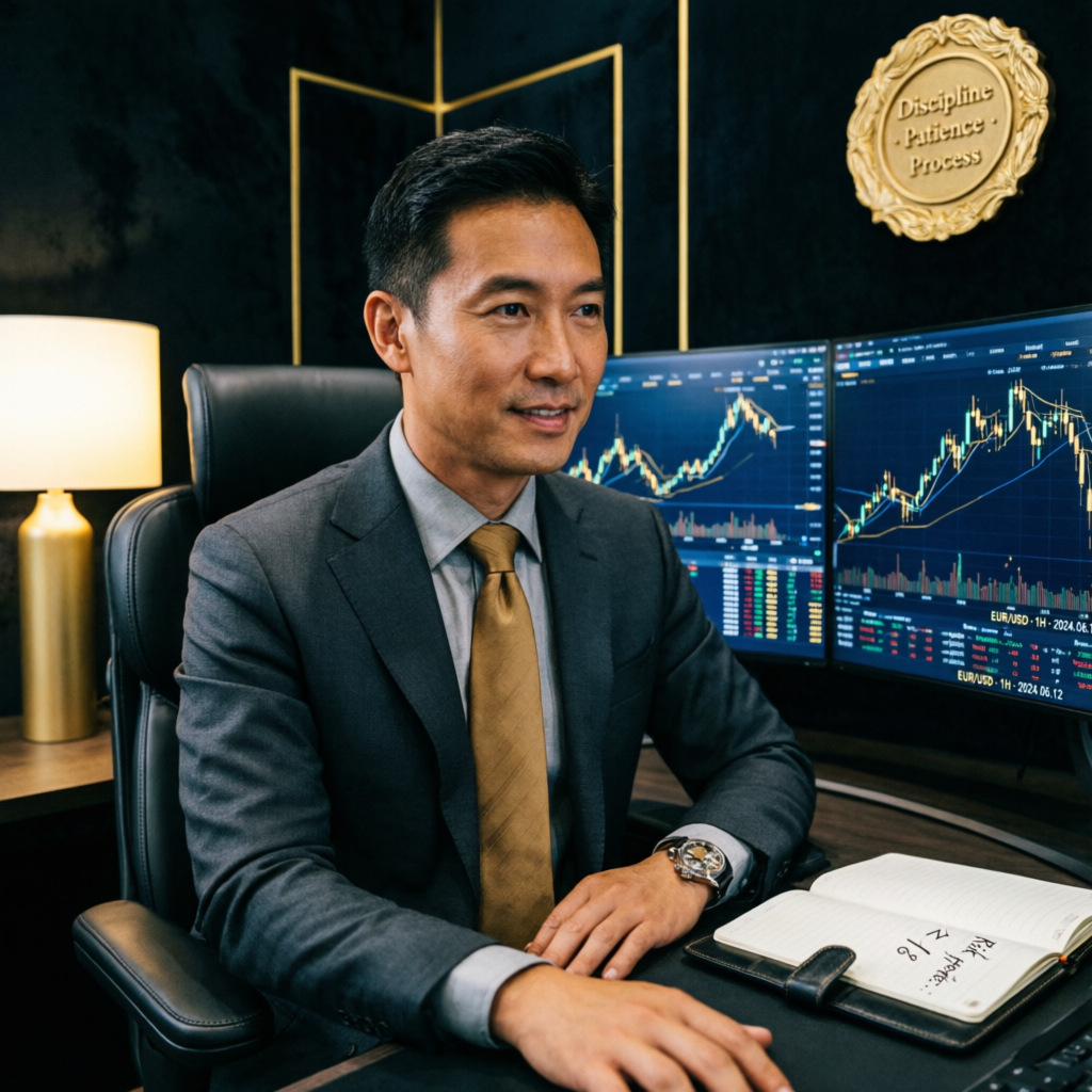 Professional forex trader displaying discipline and focus in a modern trading office with discipline plaque on the wall