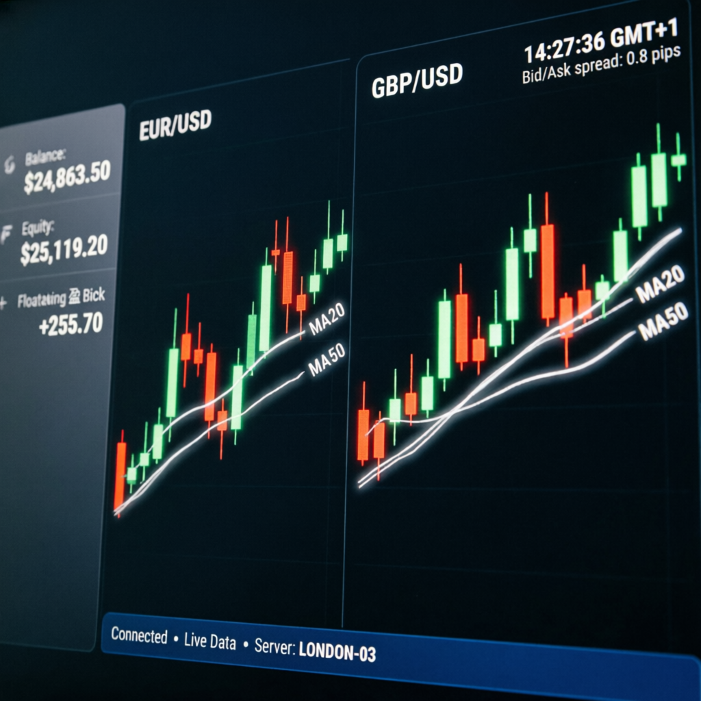 Forex trading charts showing EUR/USD and GBP/USD candlestick patterns with moving averages - professional trading analysis