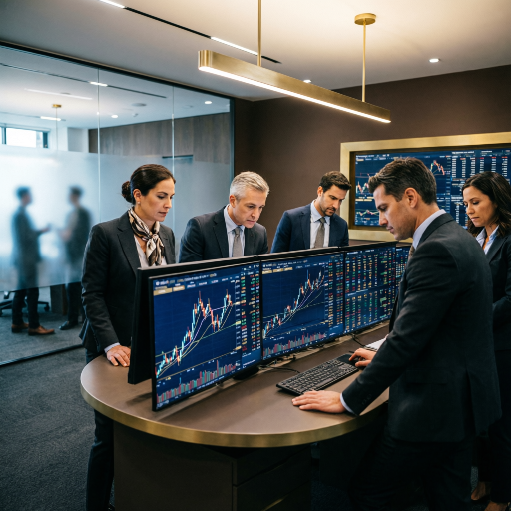 Team of professional forex traders analyzing markets together in a modern trading office with multiple screens