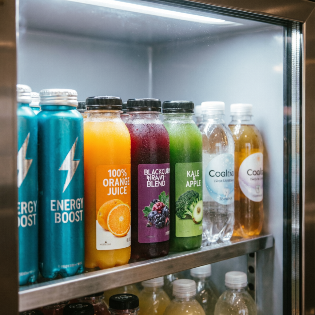 Cold drinks energy drinks and juices bottles in refrigerator display at VB Paan Shop Anand