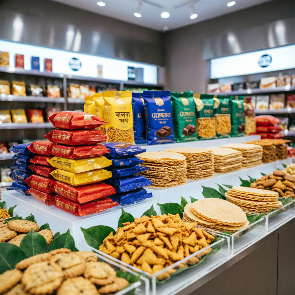 Variety of snacks namkeen wafers biscuits and imported chocolates displayed in retail store at VB Paan Shop Anand