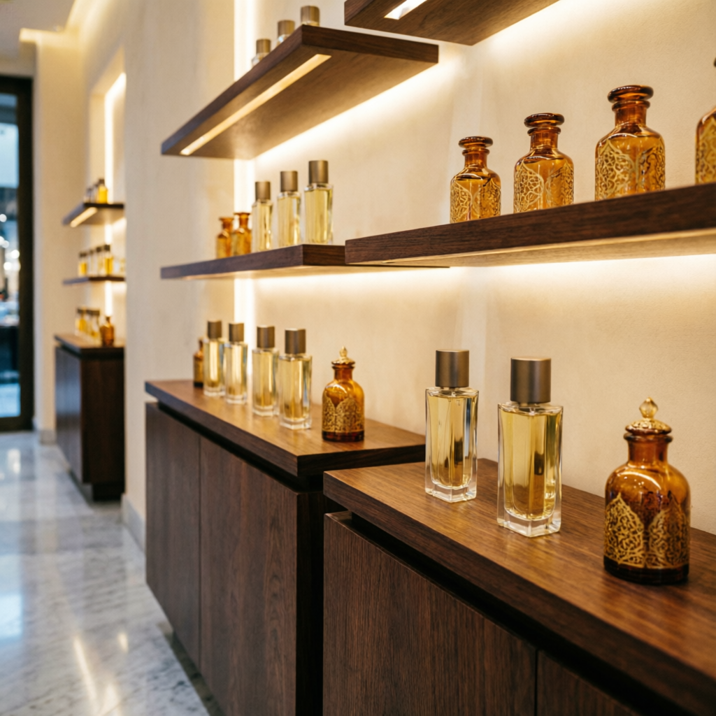 Best Arabic Attars & Luxury Perfumes in Anand - VB Paan Gift & Perfume Shop interior with elegant glass perfume bottles and Arabic attar bottles on wooden shelves