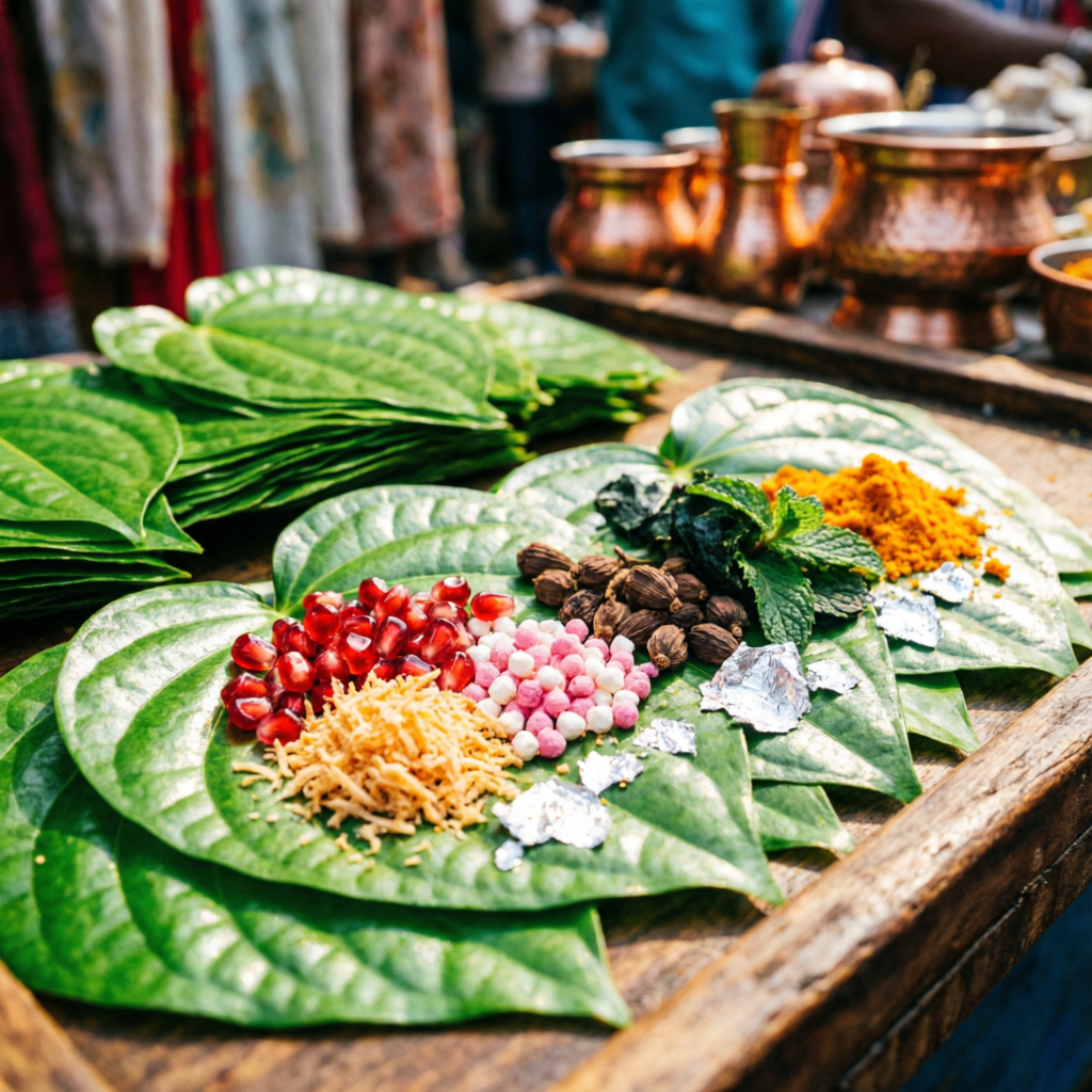 Fresh traditional Indian paan with betel leaves and colorful toppings at VB Paan Gift & Perfume Shop Anand