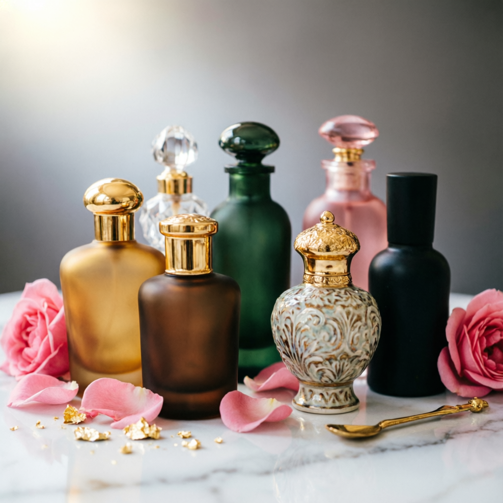 Collection of luxury perfumes and Arabic attar bottles with rose petals on marble surface at VB Paan Gift & Perfume Shop Anand