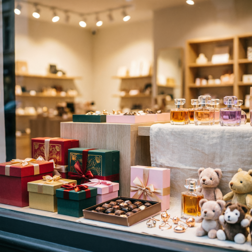 Gift shop display with imported chocolates, perfumes and gift boxes at VB Paan Gift Shop Anand