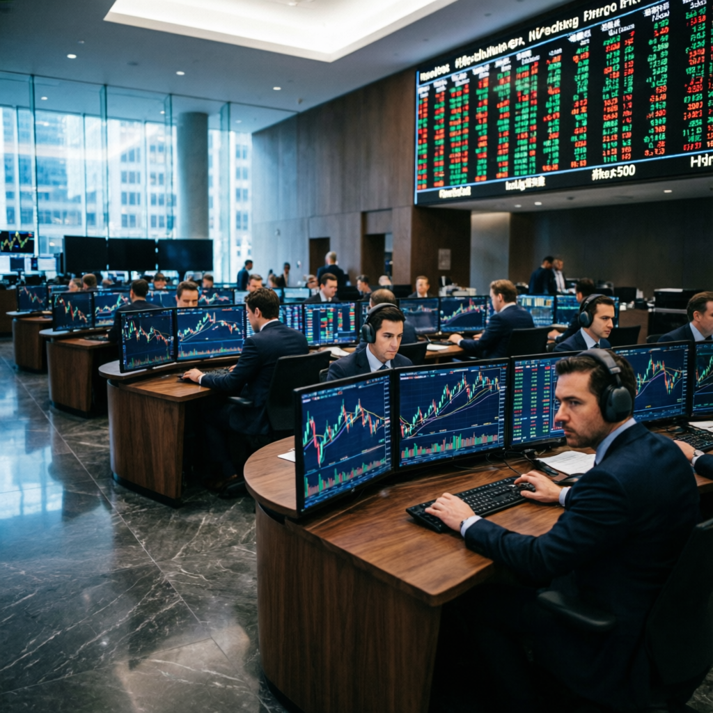 Professional trading floor showing Topstep trading hours