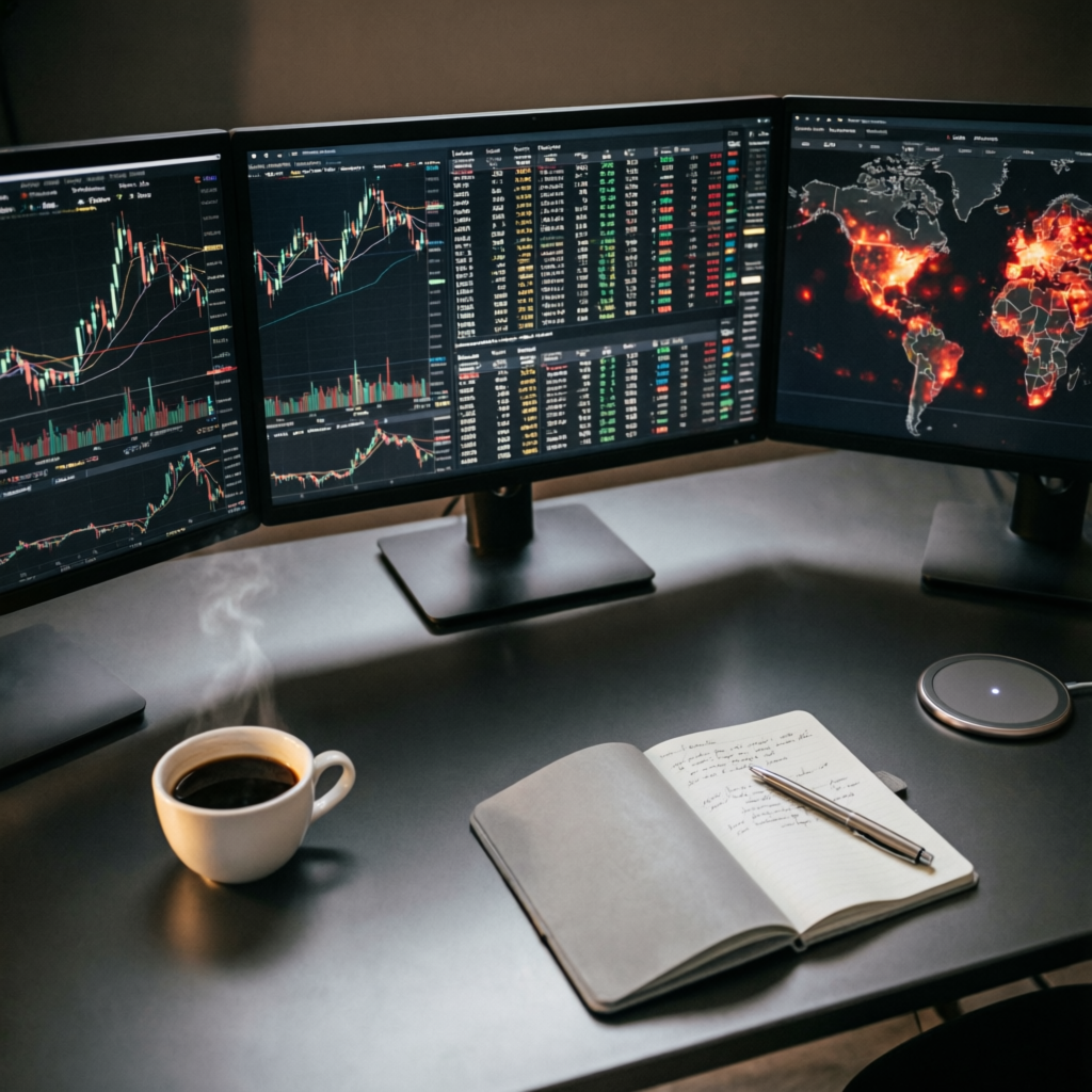 Professional multi-monitor trading desk setup with Topstep platforms and trading charts