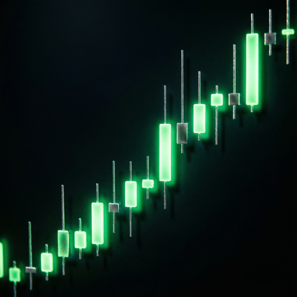 Green candlestick chart showing consistent upward trend representing Topstep combine profit target achievement
